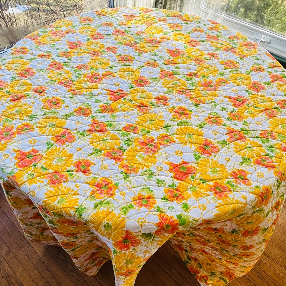 Vintage 1970s quilted comforter, orange yellow green flowers, handmade, twin